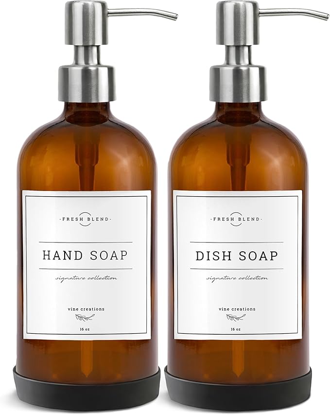 Vine Creations Amber Glass Soap Dispenser, 2 Pack Kitchen Soap Dispenser Set by VineCreations