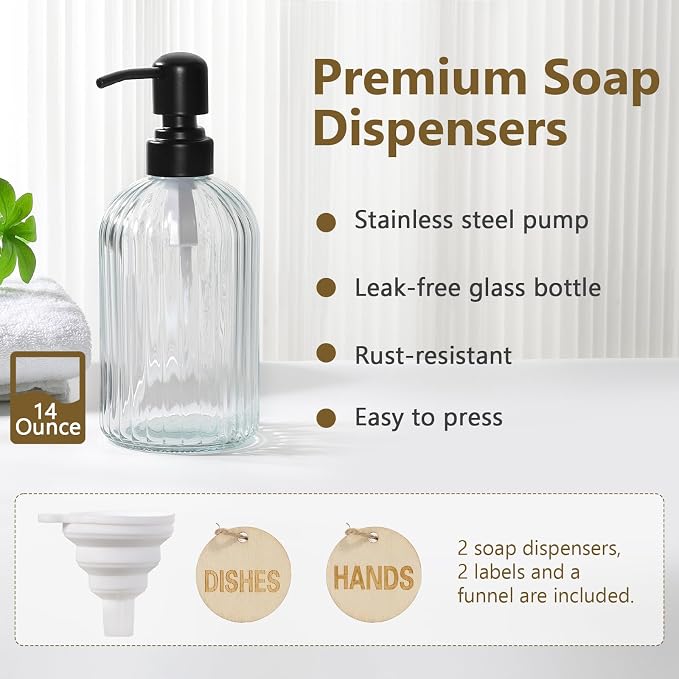 Shinowa Kitchen Dish Soap Dispenser Set, 14OZ Glass Bottle - Image 3