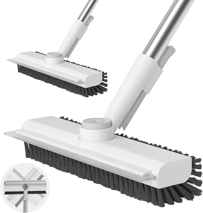 Floor Scrub Brush with Long Handle, 3 in 1 Scrape and Heavy-Duty Stiff Bristle by AIRU