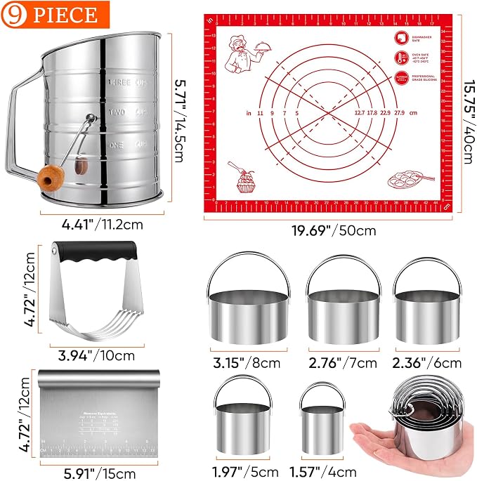 9PCS Stainless Steel Pastry Blender Set, 3 Cup Flour Sifter, Biscuit Cutter - Image 2