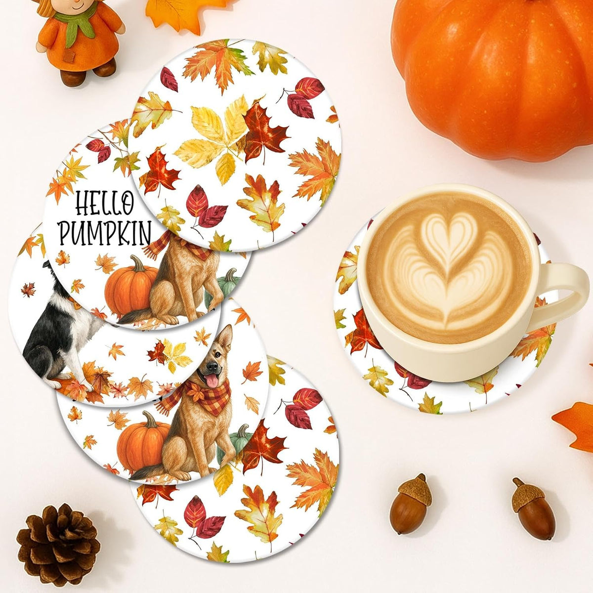Fall Coasters for Drinks, Set of 6, Ceramic Stone Pumpkin Dog