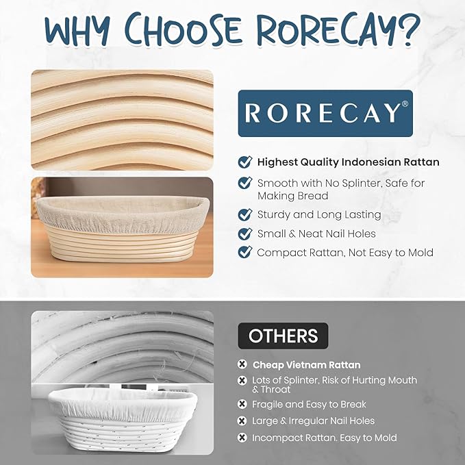 Rorecay Banneton Bread Proofing Baskets Set of 2, 10 Inch Oval Cane Sourdough - Image 8