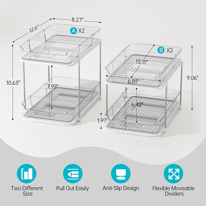 Delamu 4 Pack 2-Tier Bathroom Under Sink Organizers and Storage, Pull Out Clear - Image 2