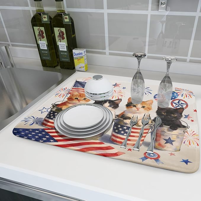 Vintage Patriotic Dish Drying Mat Cute Cats American Flag Drying Matt Kitchen - Image 6