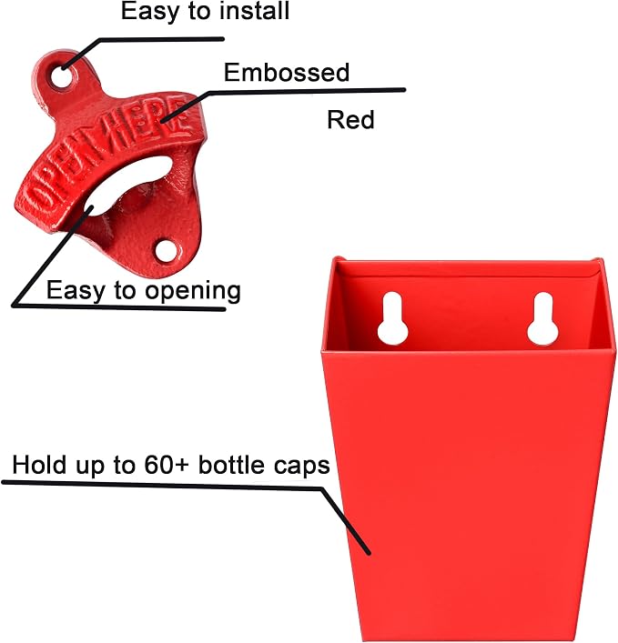 Red Cast Iron Beer Bottle Cap Opener Wall Mounted Soda Opener - Image 2