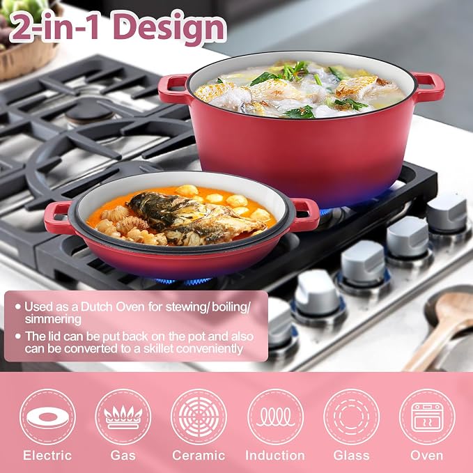 TeamFar 2-In-1 Enameled Cast Iron Dutch Oven, 5 Quart Dutch Oven Pot Cookware - Image 4