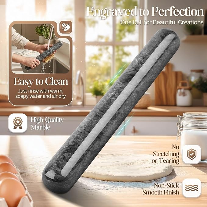 Flexzion French Rolling Pin, 12 Inch Black Marble Rolling Pins - Image 3