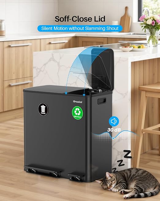 Dual Trash and Recycling Bins for Kitchen, 13.2 + 5.2 Gal Stainless Steel Trash - Image 4