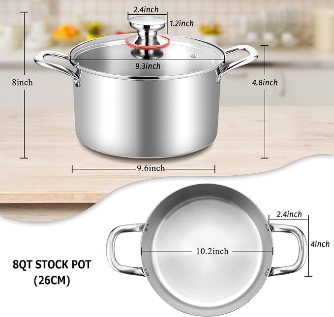 TeamFar 8 Quart Stock Pot, Stainless Steel Tri-ply Stockpot Pasta Cooking Pot - Image 2