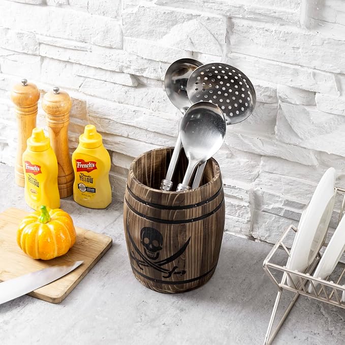 MyGift Rustic Burnt Wood Pirates Rum Cask Style Kitchen Utensil Crock, Vintage - Image 4