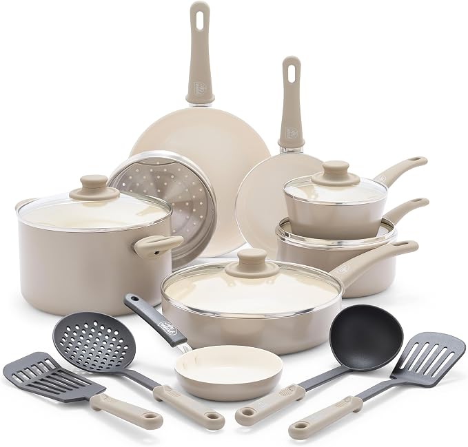 GreenLife 16 Piece Nonstick Cookware Set, Soft Grip Non-Toxic PFAS-Free Ceramic by GreenLife