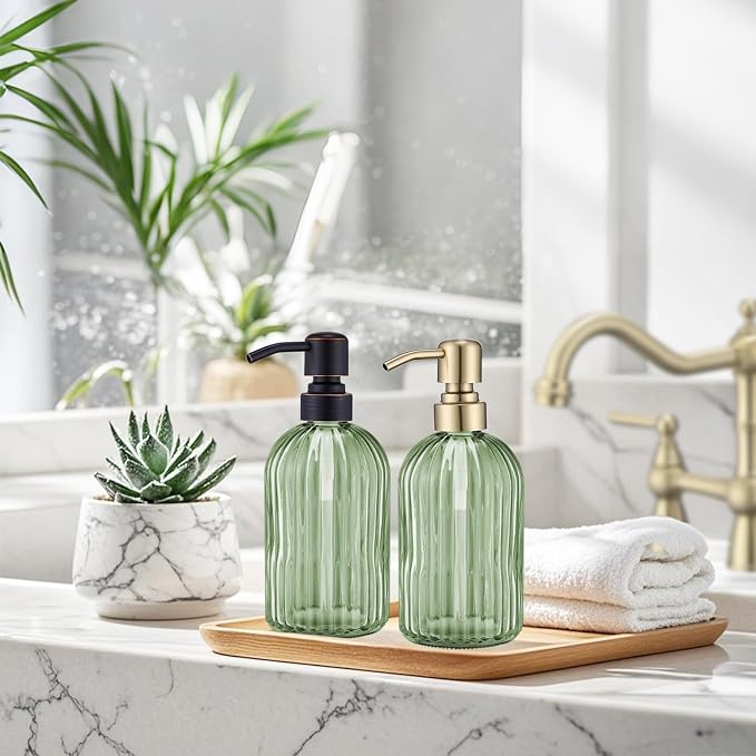 16Oz Green Glass Soap Dispenser - Image 4