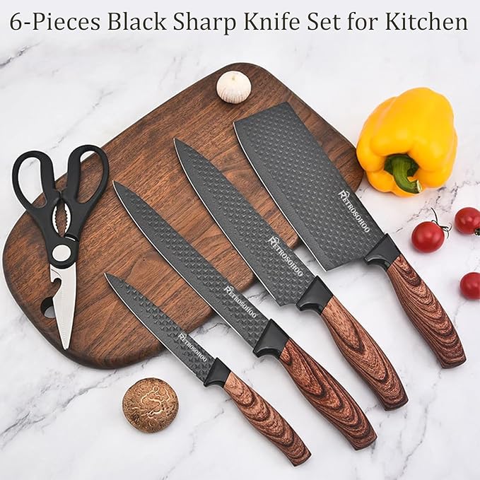 Kitchen Knife Set, Retrosohoo 6-Pieces Khaki Sharp Knife Block Set - Image 2