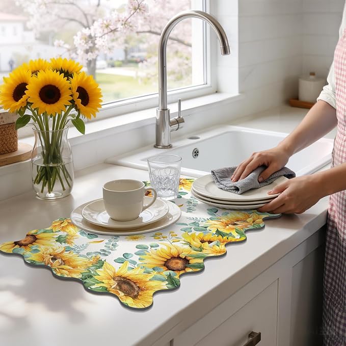 LOKHOM Scalloped Floral Dish Drying Mat, Cuttable Hide Stain Non-slip Drying Mat - Image 8