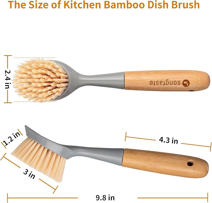 2 Pack Kitchen Dish Brush Bamboo Handle Dish Scrubber Built-in Scraper - Image 6