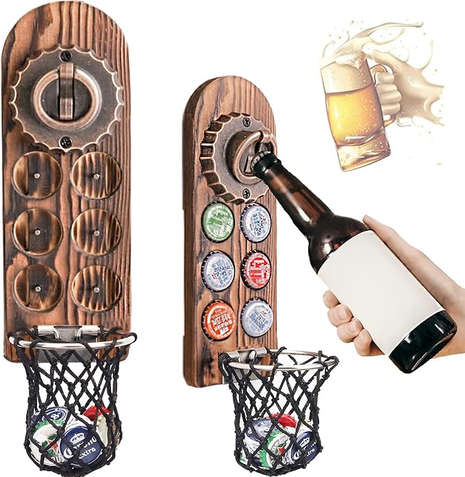 Magnetic Bottle Openers with Catcher, Wall Mounted Wooden Beer Bottle Opener by LUCYLANKER