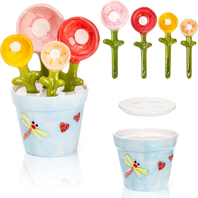 Coloch 5Pcs Ceramic Measuring Spoons and Cup, Flower Baking Scale Spoons by Coloch