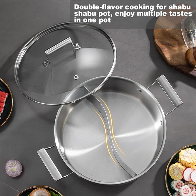 Delarlo 6.8QT Tri-Ply Stainless Steel Double-flavor Shabu Shabu Pot 12 inch - Image 3