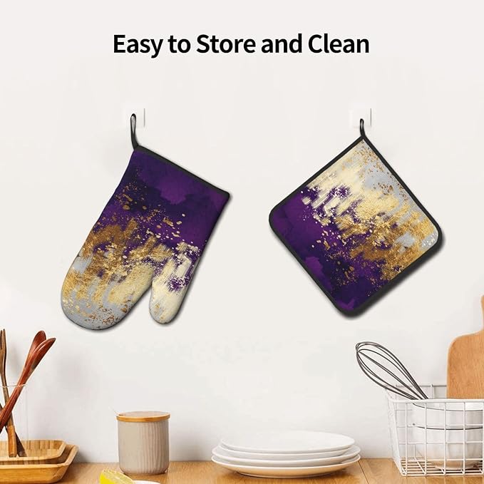 3 - Piece Purple and Gold Splash Patterned Oven Mitts and Pot Holders Set - Image 6