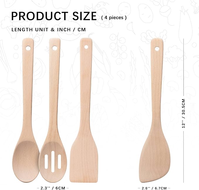 Wooden Spoons for Cooking, 4-Piece Wood Utensil Set Includes Slotted Spoon - Image 2