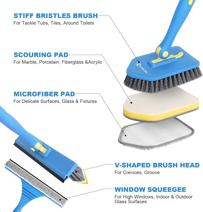 Tile Tub Scrubber Brush with 5 Different Function Cleaning Heads and 51" - Image 3