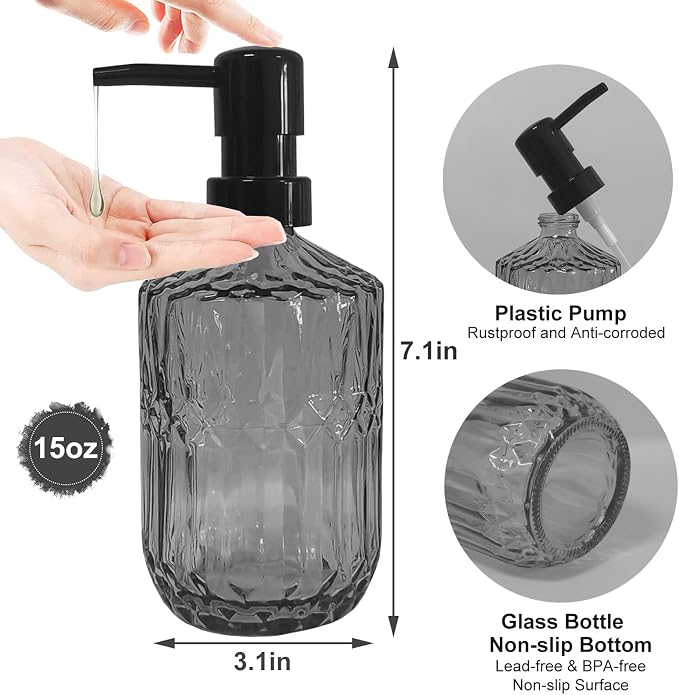 Grey Glass Soap Dispenser with Black Pump, 15oz Liquid Hand Dispenser, - Image 2