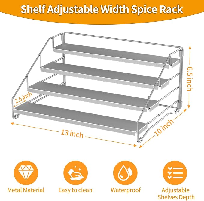 BOIVSHI 4 Tier Spice Rack for Cabinet, Spice Rack Organizer, Depth Adjustable - Image 4