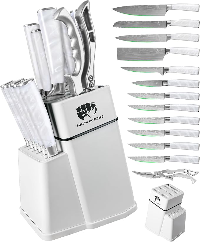 FULLHI 14pcs Block Knife Set, Chef's Knife Steak Knives Set by ExpertForPortableAndButcherKnifeSet
