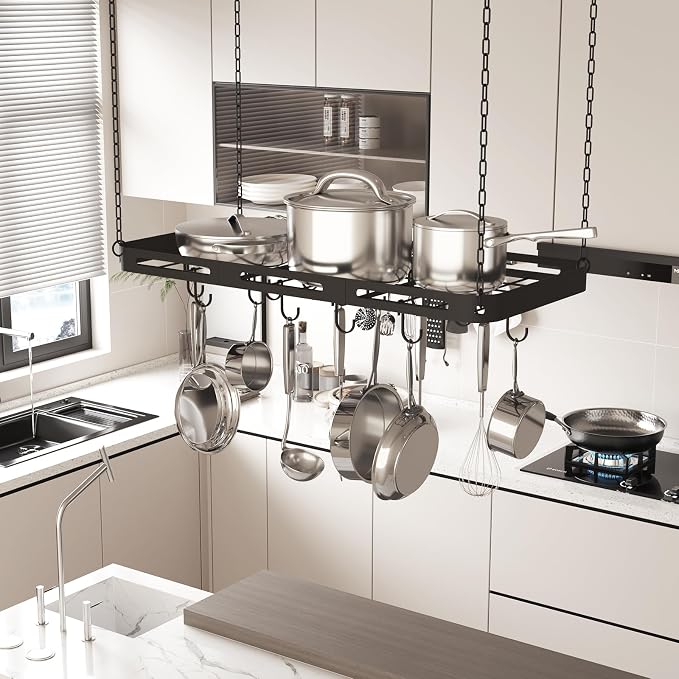 33” Pots and Pans Hanging Rack, Heavy-duty Metal Square Kitchen Ceiling Pot Rack - Image 2