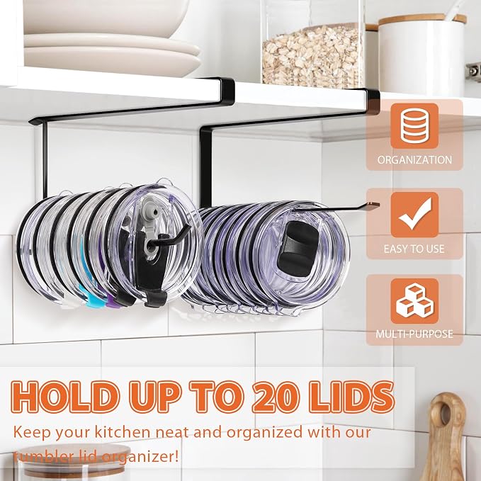 2 Pack Tumbler Lid Organizer, Horizontal Tumbler Lid Storage Hook Up to 20 Lids - Image 2