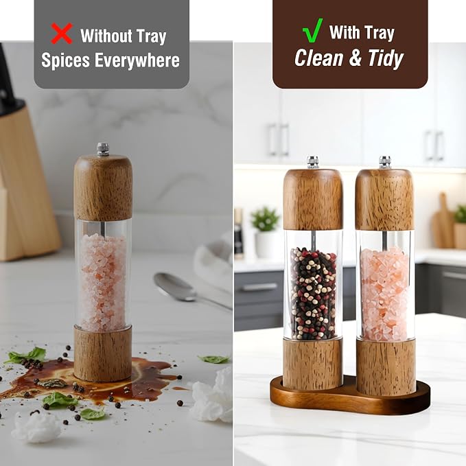 Wooden Salt and Pepper Grinder Set, Premium Oak Wood Salt Grinders Shakers - Image 2