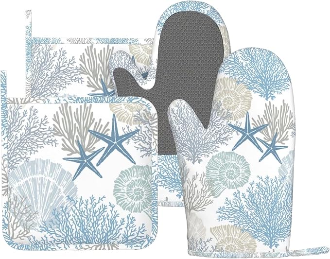 Nautical Coastal Oven Mitts and Pot Holders Sets Silicone Starfish Seashell by MIFSOIAVV