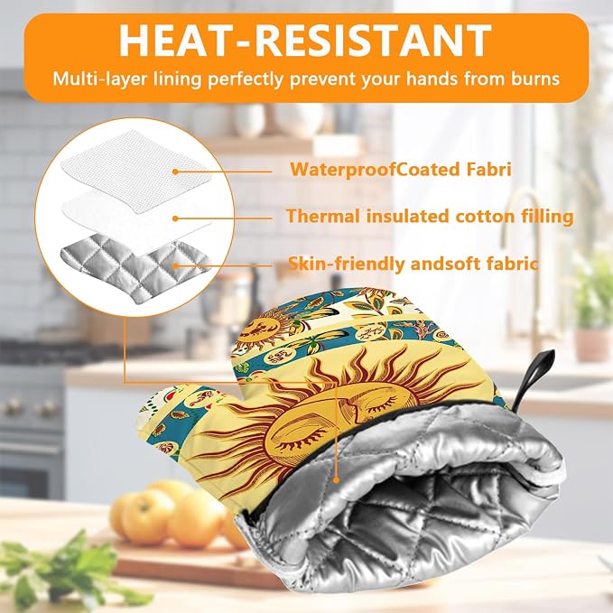 Sun and Moon Oven Mitts and Pot Holders Sets 4Pcs, Extra Long Oven Gloves - Image 3