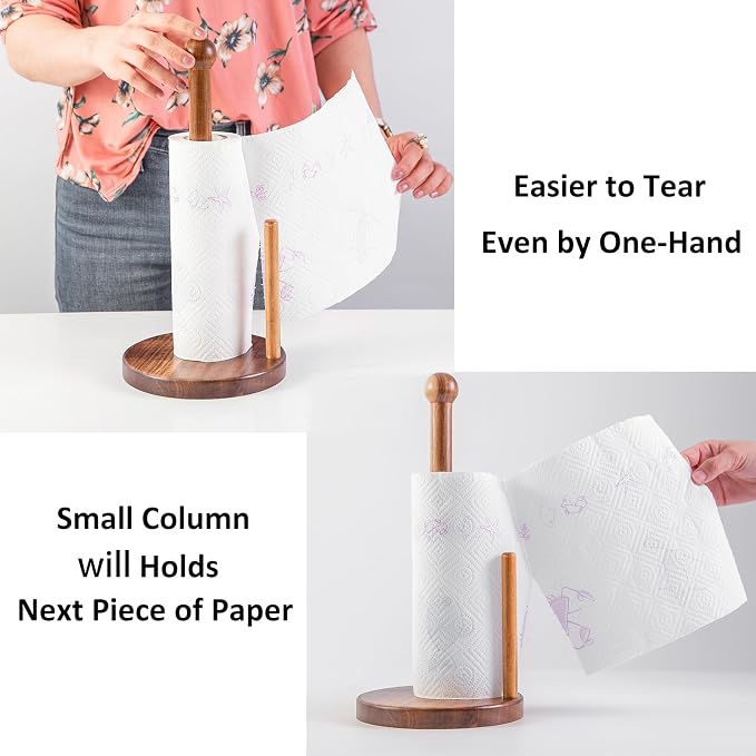 14" Acacia Wooden Paper Towel Holder, 6.7" Large Heavy Base Wooden Kitchen - Image 4