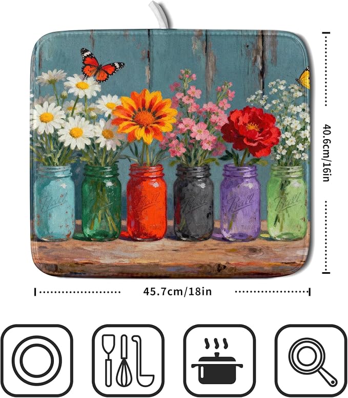 Small Dish Drying Mat for Kitchen Counter 16x18, Spring Summer Floral - Image 2