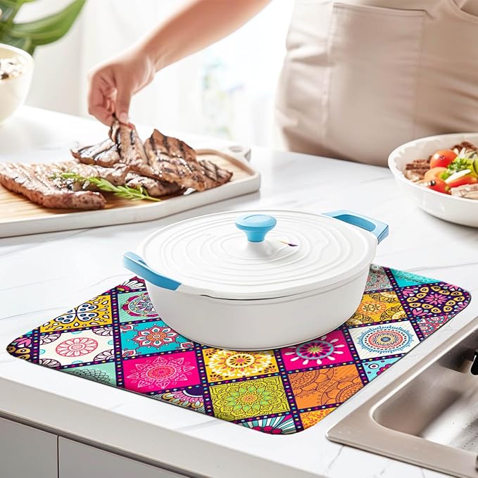 Boho Drying Mat 16" X 18" Abstract Plaid Kitchen Counter Stone Large Dish - Image 7