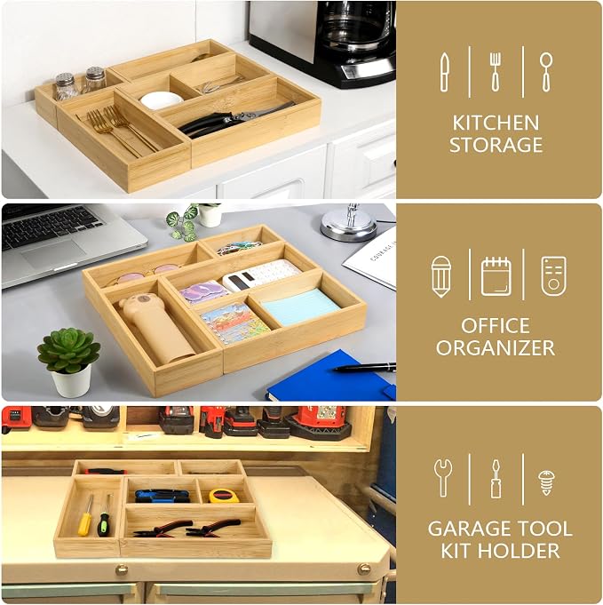 5 Pack Bamboo Drawer Organizer Set - Image 5