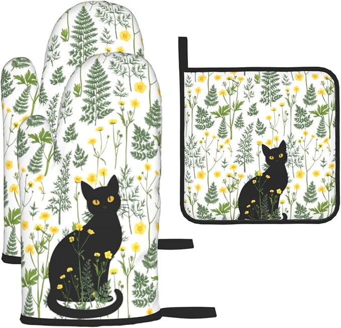 Black Cat Wildflower Hot Pads and Oven Mitts Set of 3, Spring Summer Plants by Unknown