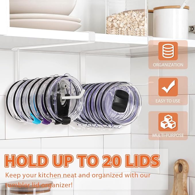 2 Pack Tumbler Lid Organizer, Horizontal Tumbler Lid Storage Hook Up to 20 Lids - Image 2
