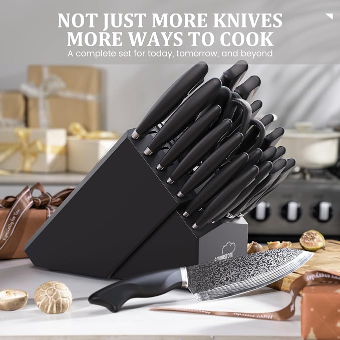 Amorston 22 Pieces Knife Set, Laser Engraved High Carbon Stainless Steel Knife - Image 9