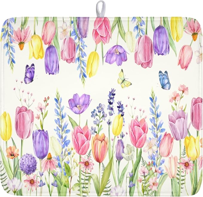 Spring Floral Dish Drying Mat for Kitchen Counter Easter Tulip Lavender Flower by Unknown