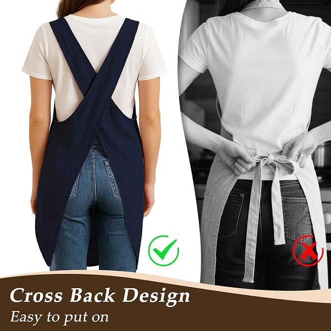 Apron for Women with Pocket Cotton Linen, Japanese Cross Back Apron for - Image 3
