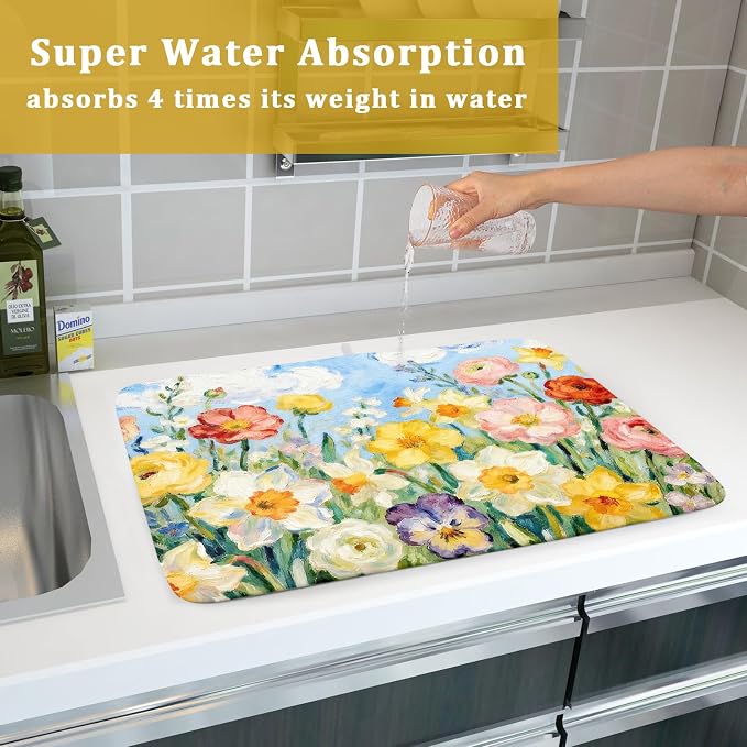 Spring Floral Dish Drying Mat for Kitchen Counter 18x24 Yellow Pink Narcissus - Image 7