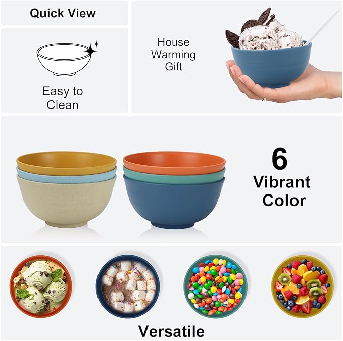 Unbreakable Wheat Straw Bowls for Kids, 10 oz Snack Bowls Set of 6, Small Handy - Image 3