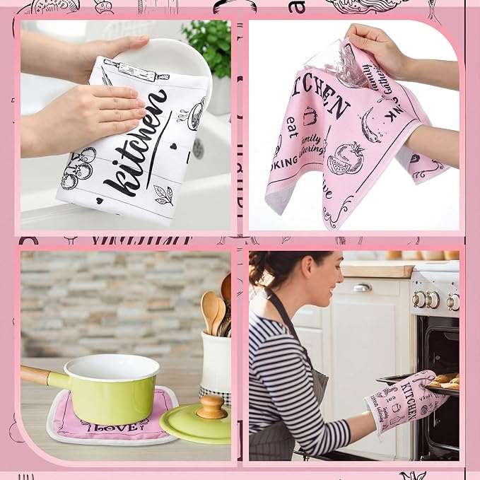 12 Pcs Farmhouse Pink Kitchen Decorations Sets 4 Pink and White Kitchen Towels - Image 4