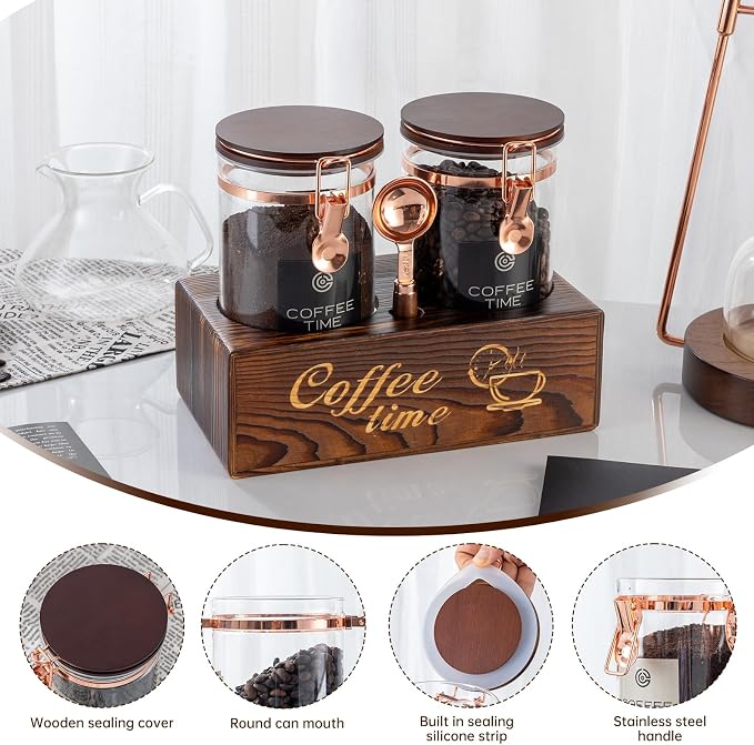 Glass Coffee Canister Set with Torched Wood Shelf, 2 Pack 45oz Airtight Storage - Image 5