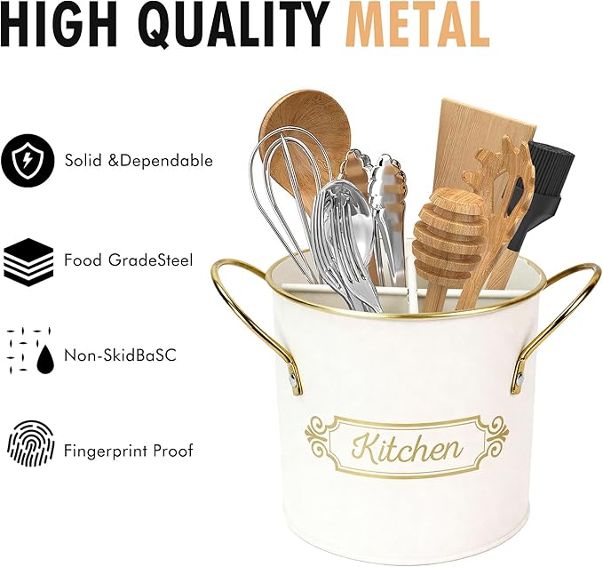 Kitchen Utensil Holder, 5.1" Metal Cooking Utensil Crock - Image 3