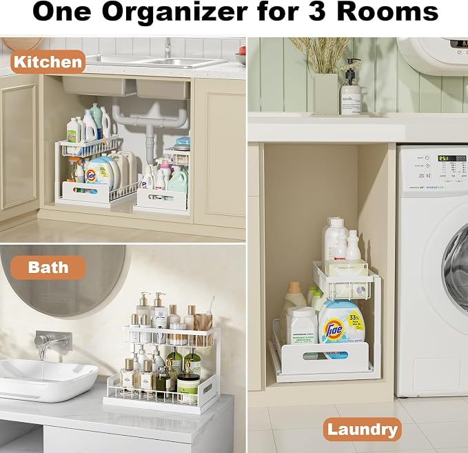 REALINN Under Sink Organizer, Pull Out Cabinet Organizer, 2 Tier Metal Slide - Image 6