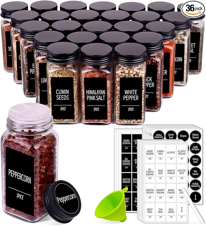 Churboro 36 Spice Jars with 547 Labels- Glass Spice Jars with Black Metal Caps by Churboro