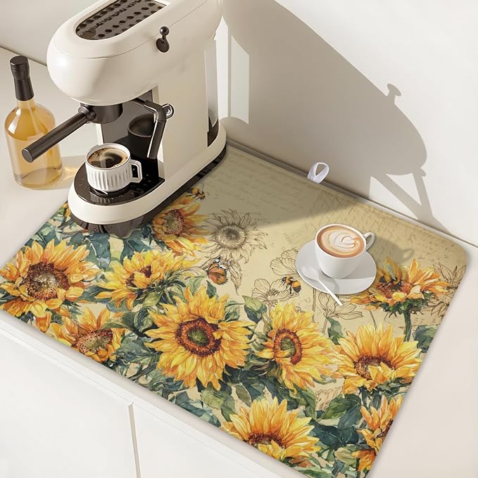 Sunflower Dish Drying Mat for Kitchen Counter Vintage Yellow Sunflowers - Image 7